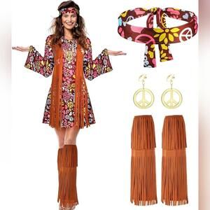 60s-Inspired Mini Dress with Fringe Accessories - Brown Floral